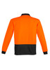 A unisex long sleeve polo shirt in bright orange with a black lower panel and a collar, featuring branding.
