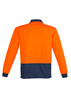 Unisex long sleeve polo in orange with navy detailing. Features a collar and long sleeves, with a logo present.