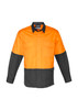 A long sleeve work shirt in orange and black with a logo, featuring two front pockets and a button-up design.