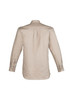 A lightweight men's long sleeve shirt in beige, featuring a button-up design and a back pleat. It has a logo on the label.