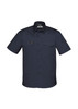 A dark blue short sleeve shirt with two front pockets and a logo on the chest.