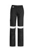 A pair of black women's utility pants with reflective strips and a logo on the waistband.