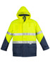 A hi-vis storm jacket in fluorescent yellow and navy blue, featuring reflective stripes and a hood. It has a logo on it.