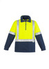 A unisex hi-vis polar fleece pullover in fluorescent yellow and navy, featuring reflective tape and a zippered neck.