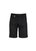 Plain black utility shorts featuring a front button and belt loop. Includes a logo on the waistband.