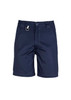 A pair of men's plain utility shorts in navy blue, featuring a belt loop and a logo.