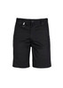 A pair of black men's plain utility shorts with a front button closure and a small attachment loop.