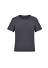 A short sleeve jersey top in dark grey with a round neckline, featuring a simple design and brand logo.
