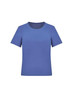 A women's short sleeve jersey top in a solid blue colour featuring a round neckline and a logo.