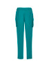 Teal women's slim leg scrub pants with side pockets and an elastic waistband. Features a logo on the waistband.