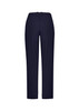 A pair of navy straight leg pants featuring a comfort waist and a simple design, with back pockets and a brand logo.