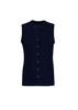 A women's navy button front knit vest with a v-neck and two front pockets. Features a logo on the fabric.