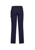 Navy men's cargo pants featuring a comfort waist, with pockets on the sides and back, and a logo present.