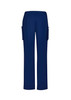 Navy blue women's straight leg scrub pants with side pockets and an elastic waistband, featuring a logo.