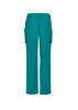 Teal women's straight leg scrub pants featuring side pockets and an elastic waistband. Includes a branding logo.