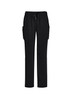 Black women's straight leg scrub pants featuring a drawstring waist and side pockets. Includes branding.