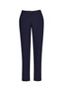 A pair of slim leg pants in navy blue, featuring a comfort waist design and front pockets.