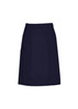 A women's navy cargo skirt with a flat front, featuring side pockets and a structured cut.