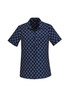 A short sleeve, button-up shirt featuring a navy background with a white daisy print pattern.