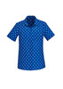 A short sleeve button-up shirt featuring a blue and white daisy print pattern and a logo.