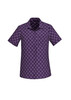 A short sleeve button-up shirt in purple featuring a daisy print pattern and a logo on the collar.