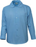 A blue long sleeve school shirt featuring a Peter Pan collar and a chest pocket. The shirt has a button-up front and a logo.