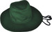 A wide-brimmed hat in dark green, featuring a chin strap and a logo on the side.