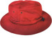 A red bucket hat with ventilation holes and an adjustable strap for kids. Features a simple design.