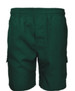 Green cargo shorts with an elastic waistband and multiple side pockets. Features a logo or branding.