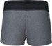 A pair of grey ladies sports shorts with a black waistband, featuring a logo on the waistband.