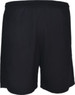 Black woven running shorts featuring an elastic waistband and a simple design, with a logo visible on the garment.