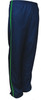 Unisex adults elite sports track pants in navy blue with a green stripe on the side. Features a logo on the waistband.