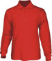 A red long sleeve polo shirt for unisex adults, featuring a collar and three buttons, with a logo.