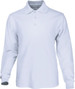 A long sleeve polo shirt in white with a collar and three-button placket, featuring a logo on the breast.