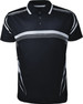 A black unisex polo shirt featuring white striped designs and a classic collar. It includes a logo on the chest.