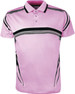 A pink unisex polo shirt featuring black gradient stripes and a collar, with a logo on the chest.