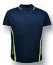 A navy unisex polo shirt featuring lime green accents and a logo on the front. Ideal for sports and casual wear.