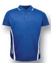 A blue unisex polo shirt featuring white side accents and a collar, with a logo on the front.