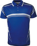 A blue polo shirt featuring white gradient stripes and a collar, with a branding logo on the chest.