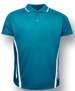 A teal polo shirt featuring white side stripes and a collar, with a logo on the chest.
