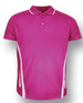 A pink polo shirt featuring white side panels and a collar, designed for kids' sports activities.