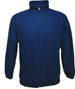 A navy blue polar fleece zip-through jacket with a high collar and long sleeves. It features a front zipper and has a logo.