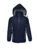 A unisex reflective wet weather jacket in navy blue with grey accents and a hood. Features side pockets.