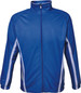 A blue unisex track jacket with white accents and a zip-up front, featuring a logo on the side.