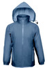 A blue reflective wet weather jacket with a hood, featuring a zip front and side pockets. It has a logo.