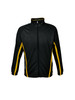 A black track jacket with yellow stripes on the sides and a zipper front. Features a logo on the chest.
