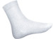 A white kids' school sock featuring a ribbed design and a standard ankle length with a logo.