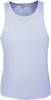A light blue ladies' brushed action back singlet with a round neckline and no sleeves. It features a branding logo.
