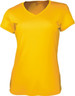 A yellow ladies brushed V-neck tee shirt with a fitted design and short sleeves, featuring a logo.