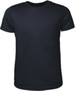 A black brushed tee shirt with a round neckline. Features a logo on the front.